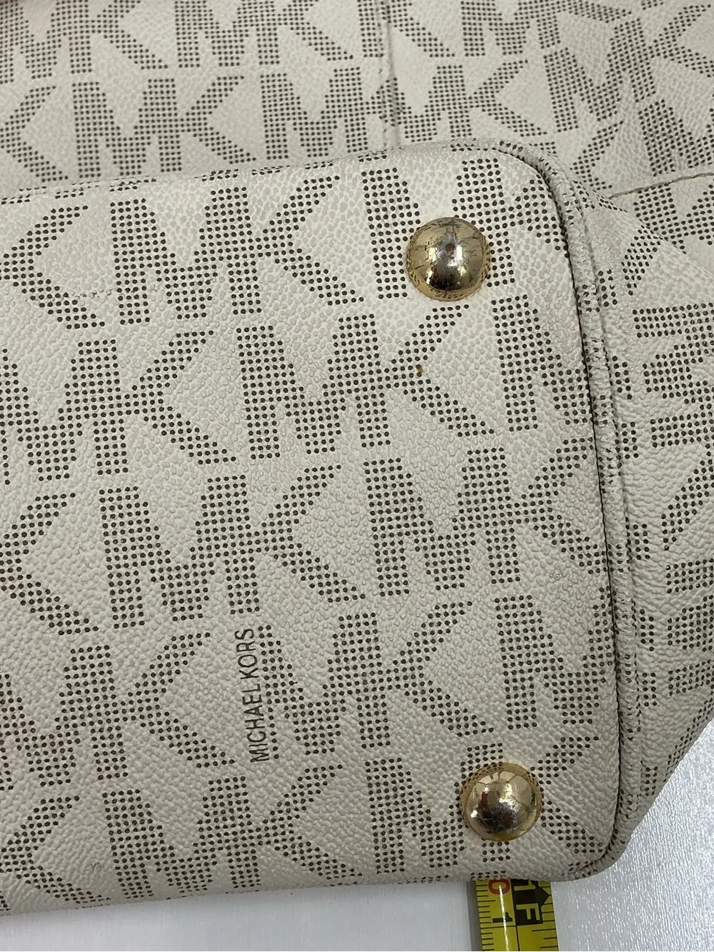 Michael Kors Beige Logo MK Tote with Tan Leather Straps D23